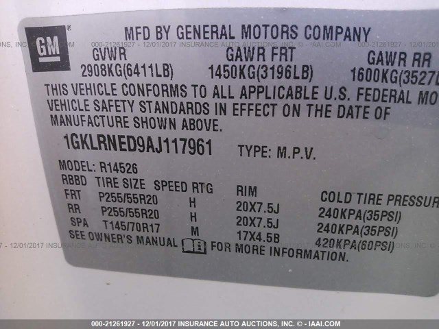 1GKLRNED9AJ117961 - 2010 GMC ACADIA SLT-2 WHITE photo 9