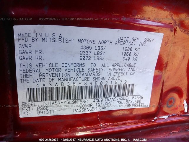 4A3AB36F88E021072 - 2008 MITSUBISHI GALANT ES RED photo 9