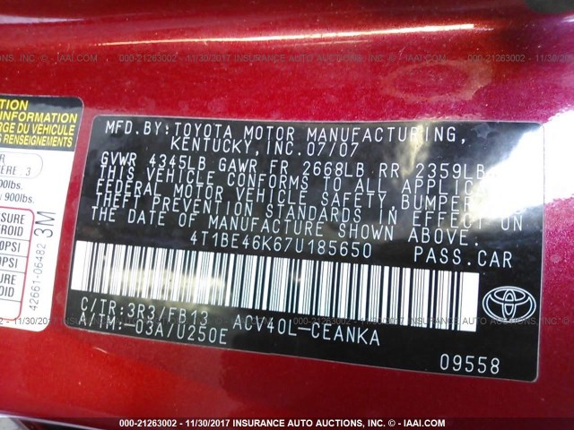 4T1BE46K67U185650 - 2007 TOYOTA CAMRY NEW GENERAT CE/LE/XLE/SE RED photo 9