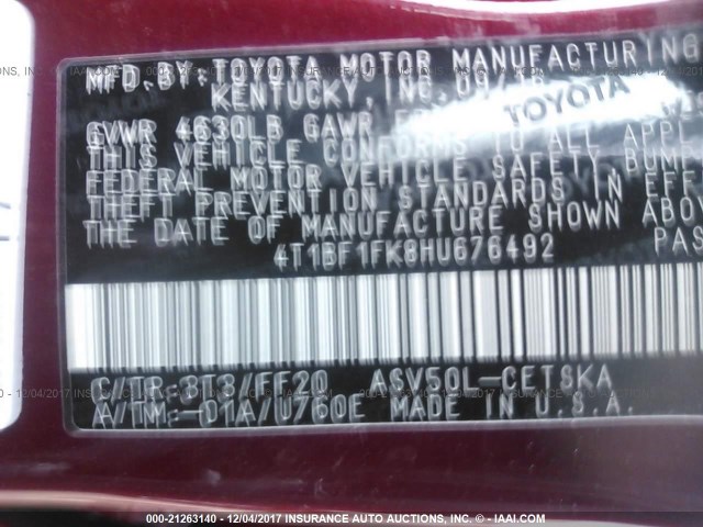 4T1BF1FK8HU676492 - 2017 TOYOTA CAMRY LE/XLE/SE/XSE RED photo 9