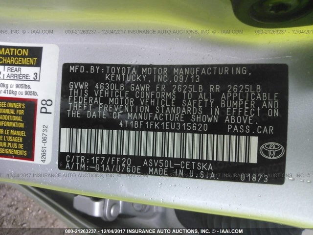 4T1BF1FK1EU315620 - 2014 TOYOTA CAMRY L/SE/LE/XLE Gümüş foto 9