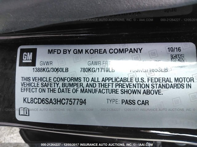 KL8CD6SA3HC757794 - 2017 CHEVROLET SPARK 1LT Черный фото 9