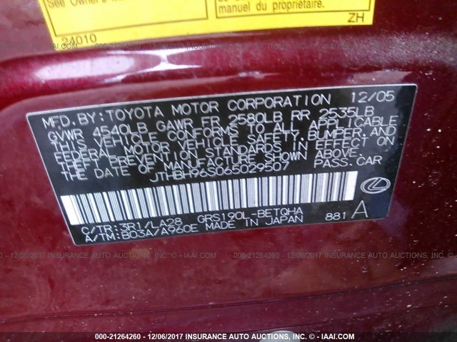 JTHBH96S065029507 - 2006 LEXUS GS GENERATION 200 300 BURGUNDY photo 9