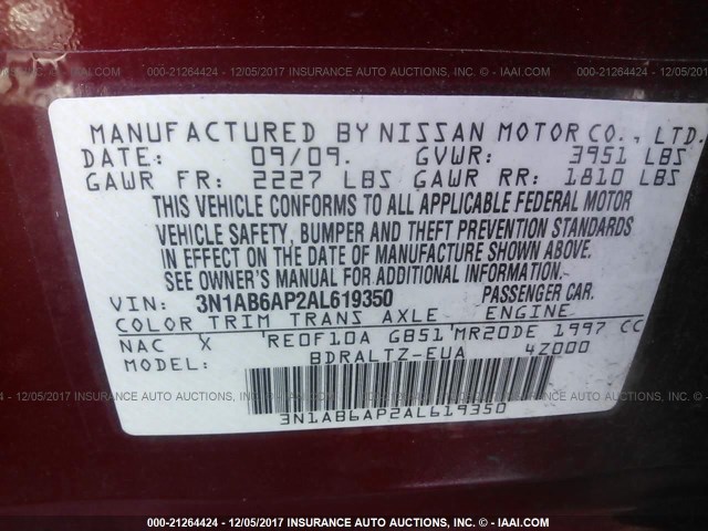 3N1AB6AP2AL619350 - 2010 NISSAN SENTRA 2.0/2.0S/SR/2.0SL RED photo 9