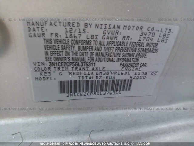 3N1CE2CP5GL376311 - 2016 NISSAN VERSA NOTE S/S PLUS/SV/SL/SR SILVER photo 9