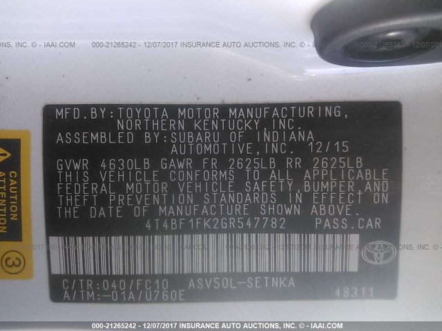 4T4BF1FK2GR547782 - 2016 TOYOTA CAMRY LE/XLE/SE/XSE WHITE photo 9