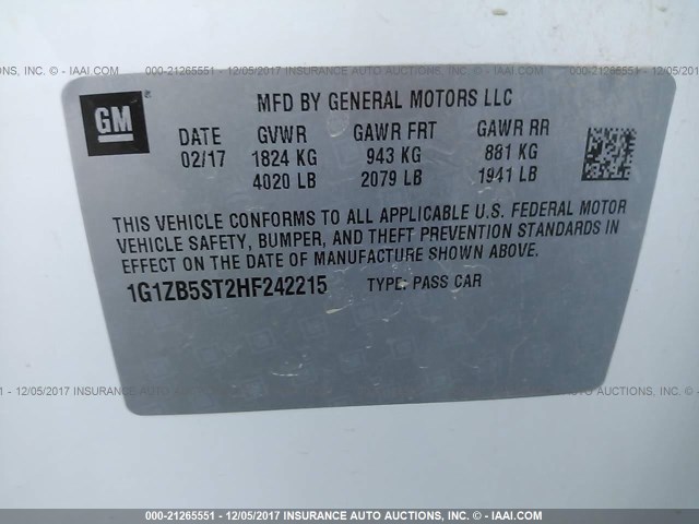 1G1ZB5ST2HF242215 - 2017 CHEVROLET MALIBU LS Ağ foto 9