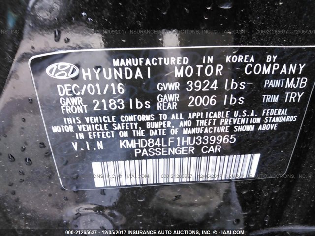 KMHD84LF1HU339965 - 2017 HYUNDAI ELANTRA SE/VALUE/LIMITED BLACK photo 9