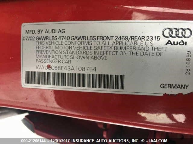 WAULC68E43A108754 - 2003 AUDI A4 1.8T QUATTRO RED photo 8