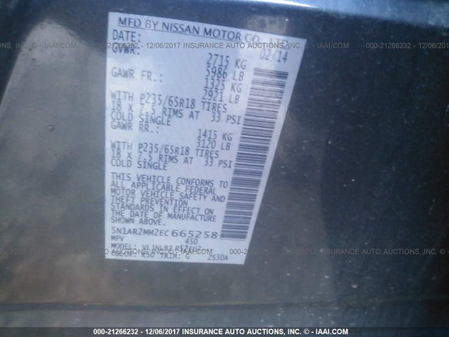 5N1AR2MM2EC665258 - 2014 NISSAN PATHFINDER S/SV/SL/PLATINUM 黑色 照片 9