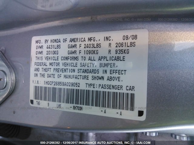 1HGCP26859A029052 - 2009 HONDA ACCORD EXL SILVER photo 9