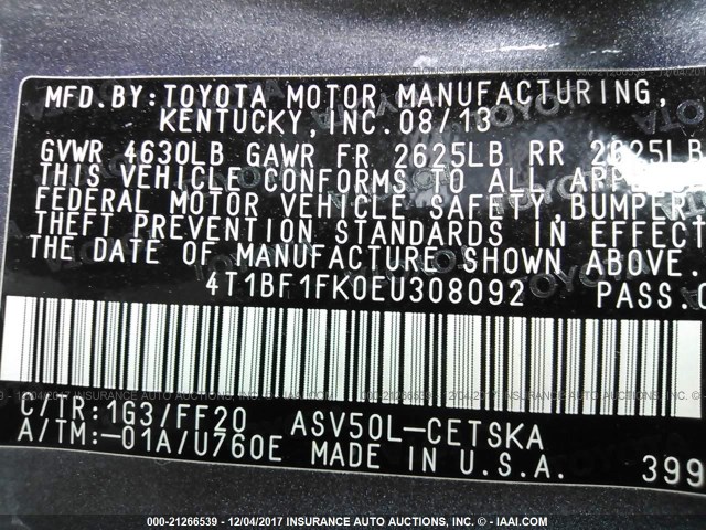 4T1BF1FK0EU308092 - 2014 TOYOTA CAMRY L/SE/LE/XLE 灰色 照片 9