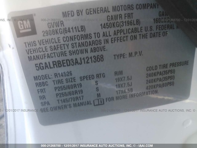 5GALRBED3AJ121368 - 2010 BUICK ENCLAVE CXL 白色 照片 9