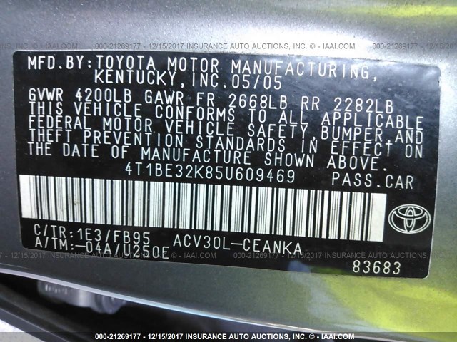 4T1BE32K85U609469 - 2005 TOYOTA CAMRY LE/XLE/SE GRAY photo 9