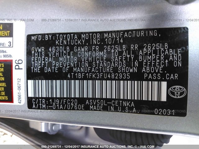 4T1BF1FK3FU482935 - 2015 TOYOTA CAMRY LE/XLE/SE/XSE SILVER photo 9