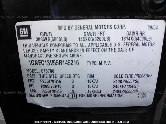 1GNEC13V55R145216 - 2005 CHEVROLET TAHOE C1500 BLUE photo 9