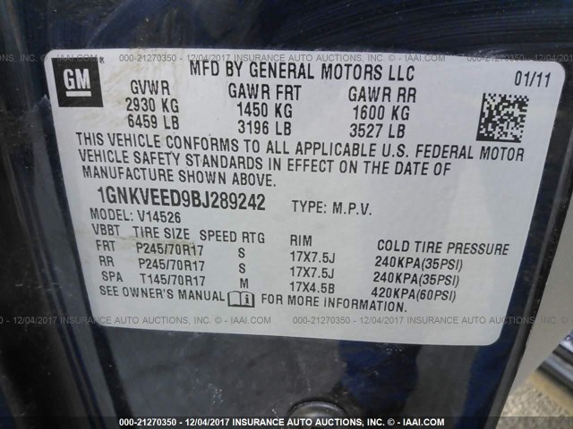 1GNKVEED9BJ289242 - 2011 CHEVROLET TRAVERSE LS Dark Blue photo 9