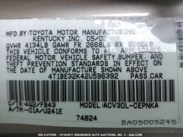 4T1BE32K42U596392 - 2002 TOYOTA CAMRY LE/XLE/SE 棕色 照片 9