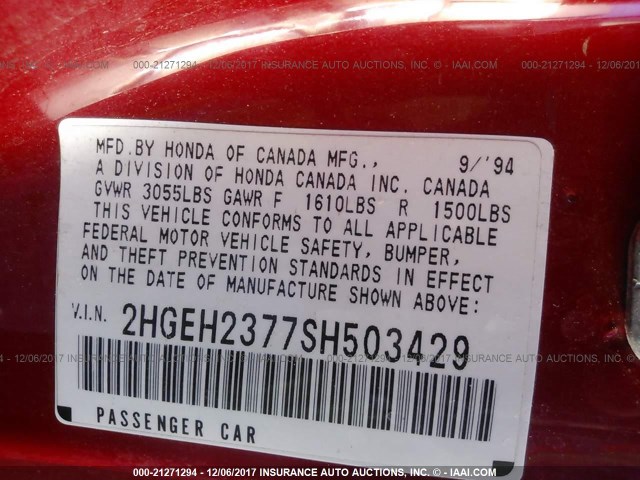 2HGEH2377SH503429 - 1995 HONDA CIVIC VX RED photo 9