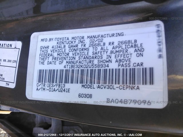 4T1BE32K02U558934 - 2002 TOYOTA CAMRY LE/XLE/SE BEIGE photo 9