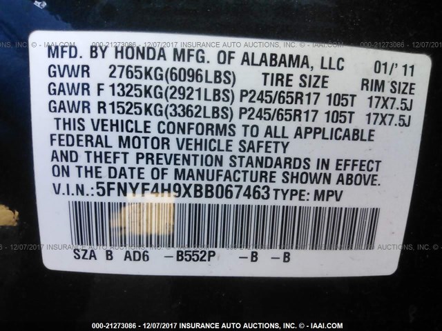 5FNYF4H9XBB067463 - 2011 HONDA PILOT TOURING BLUE photo 9