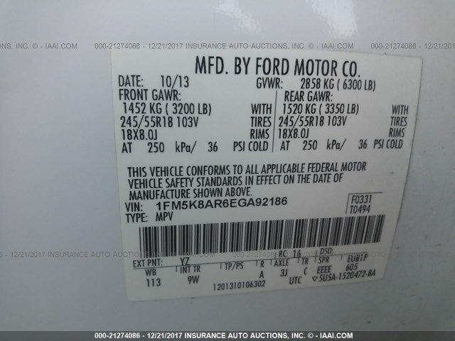 1FM5K8AR6EGA92186 - 2014 FORD EXPLORER POLICE INTERCEPTOR WHITE photo 9