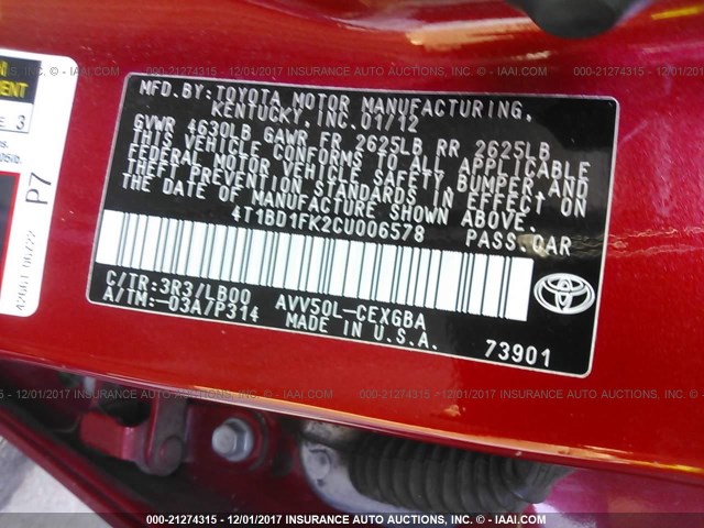 4T1BD1FK2CU006578 - 2012 TOYOTA CAMRY HYBRID/LE/XLE 红色 照片 9