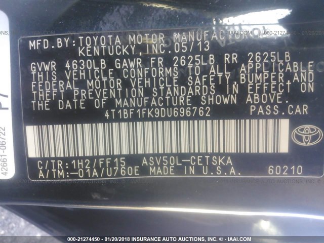 4T1BF1FK9DU696762 - 2013 TOYOTA CAMRY L/SE/LE/XLE 黑色 照片 9