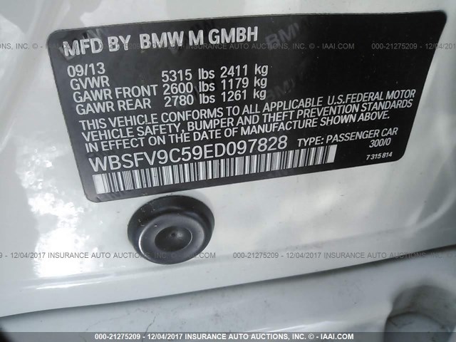 WBSFV9C59ED097828 - 2014 BMW M5 WHITE photo 9