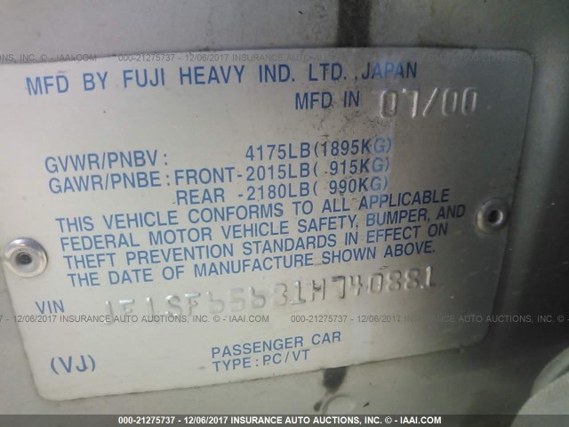 JF1SF65681H740881 - 2001 SUBARU FORESTER S 银色 照片 9