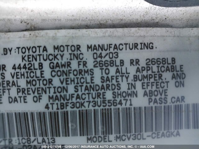 4T1BF30K73U556471 - 2003 TOYOTA CAMRY LE/XLE/SE ვერცხლისფერი ფოტო 9