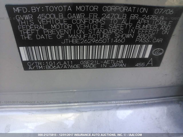 JTHBE262965011460 - 2006 LEXUS IS 350 SILVER photo 9