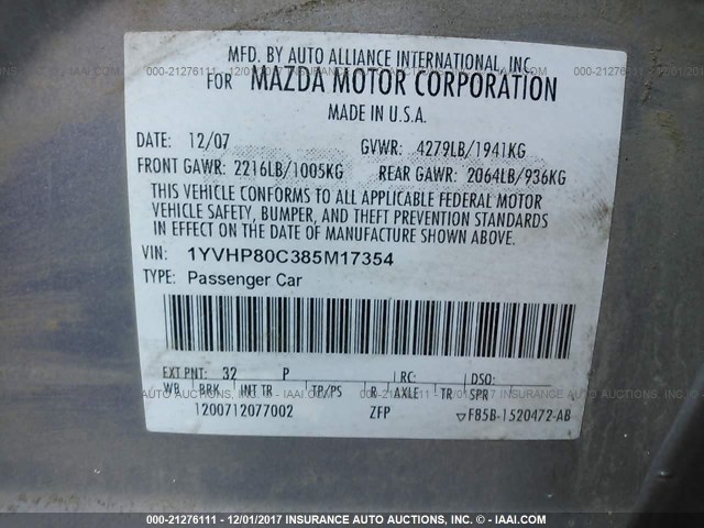 1YVHP80C385M17354 - 2008 MAZDA 6 I GRAY photo 9