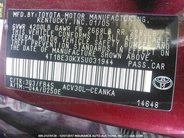 4T1BE30KX5U031944 - 2005 TOYOTA CAMRY LE/XLE/SE Tünd qırmızı foto 9