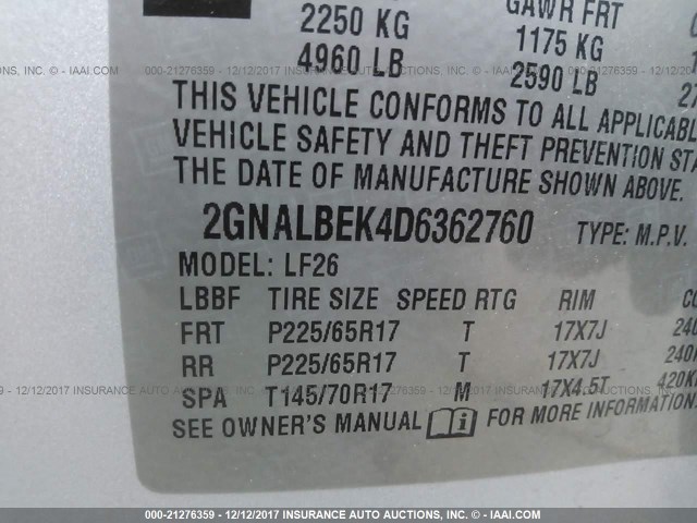 2GNALBEK4D6362760 - 2013 CHEVROLET EQUINOX LS SILVER photo 9