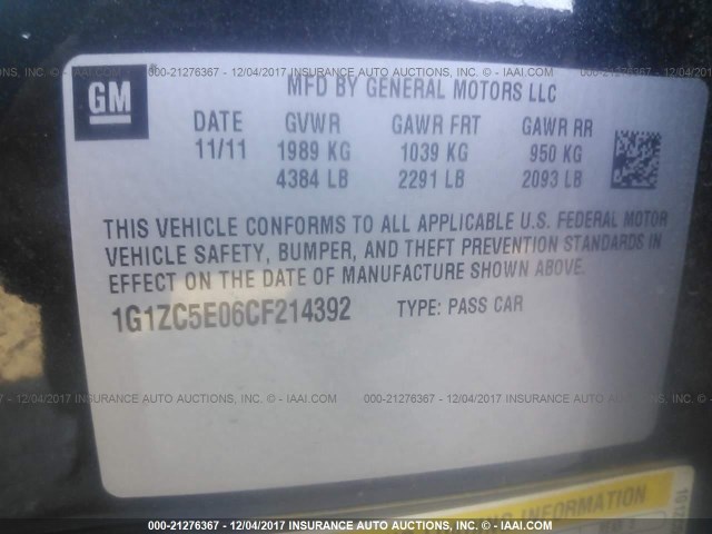 1G1ZC5E06CF214392 - 2012 CHEVROLET MALIBU 1LT 黑色 照片 9