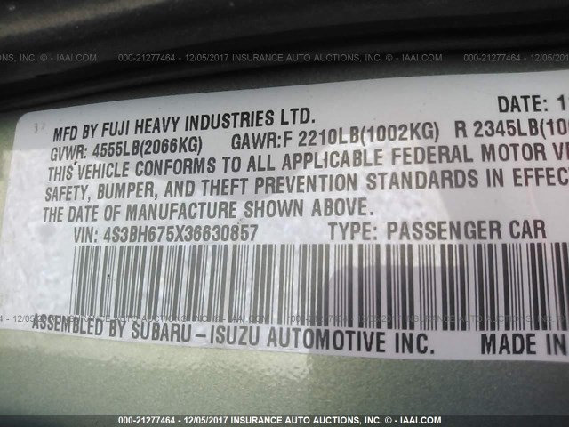 4S3BH675X36630857 - 2003 SUBARU LEGACY OUTBACK AWP 绿色 照片 9