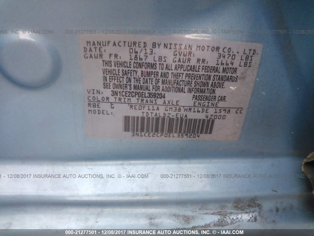 3N1CE2CP0EL359204 - 2014 NISSAN VERSA NOTE S/S PLUS/SV/SL BLUE photo 9