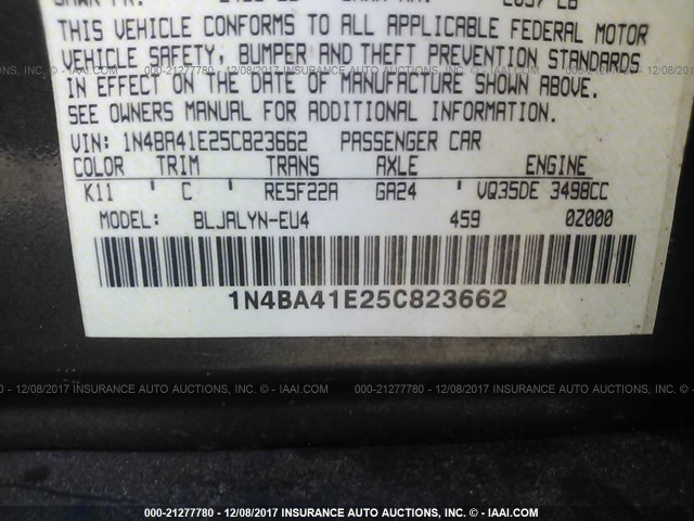 1N4BA41E25C823662 - 2005 NISSAN MAXIMA SE/SL GRAY photo 9