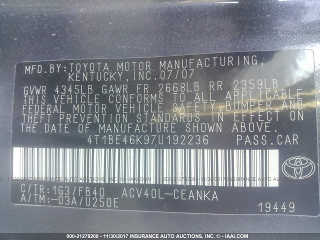 4T1BE46K97U192236 - 2007 TOYOTA CAMRY NEW GENERATION CE/LE/XLE/SE GRAY photo 9