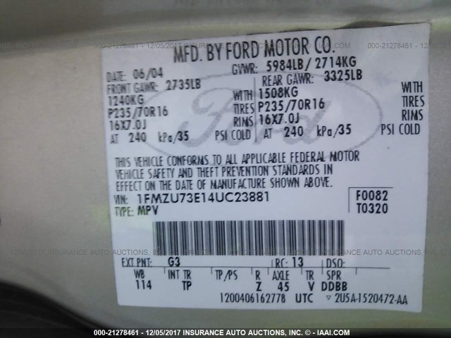 1FMZU73E14UC23881 - 2004 FORD EXPLORER XLT/XLT SPORT/NBX 金色 照片 9