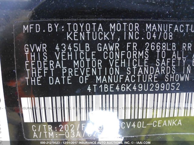4T1BE46K49U299052 - 2009 TOYOTA CAMRY SE/LE/XLE Қара фото 9