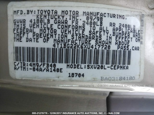 4T1BG22K6XU417720 - 1999 TOYOTA CAMRY CE/LE/XLE 金色 照片 9