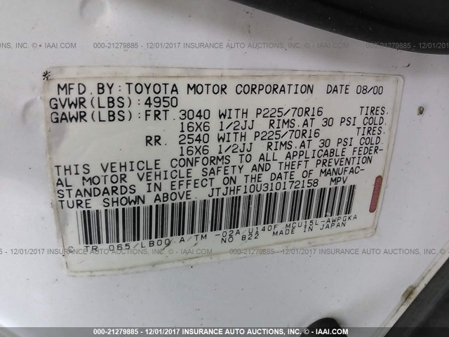 JTJHF10U310172158 - 2001 LEXUS RX 300 WHITE photo 9