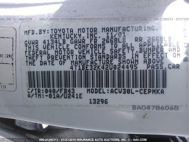 4T1BE32K42U024495 - 2002 TOYOTA CAMRY LE/XLE/SE 白色 照片 9