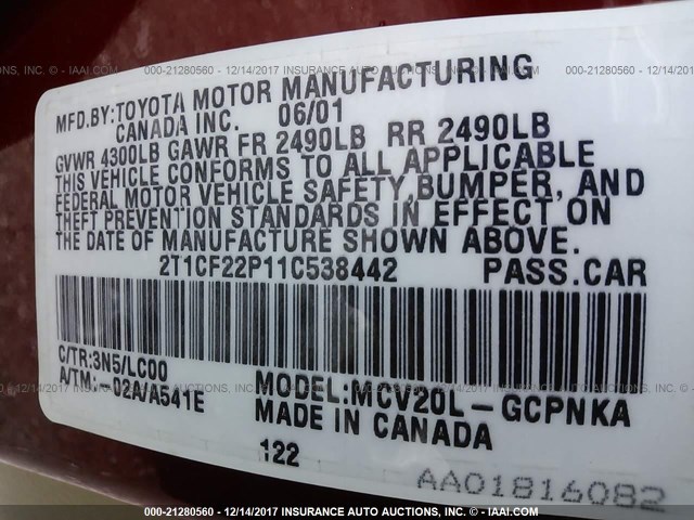 2T1CF22P11C538442 - 2001 TOYOTA CAMRY SOLARA SE/SLE RED photo 9