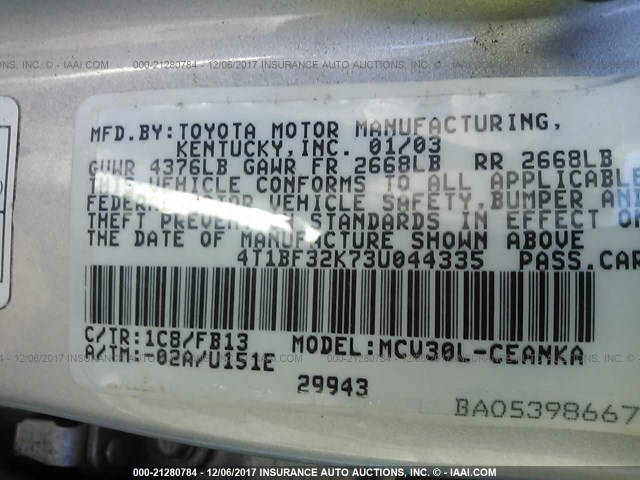 4T1BF32K73U044335 - 2003 TOYOTA CAMRY LE/XLE/SE 银色 照片 9
