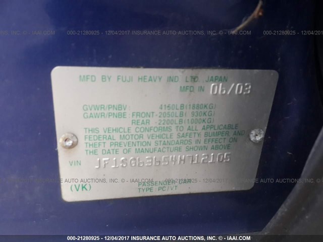 JF1SG63654H712105 - 2004 SUBARU FORESTER 2.5X BLUE photo 9