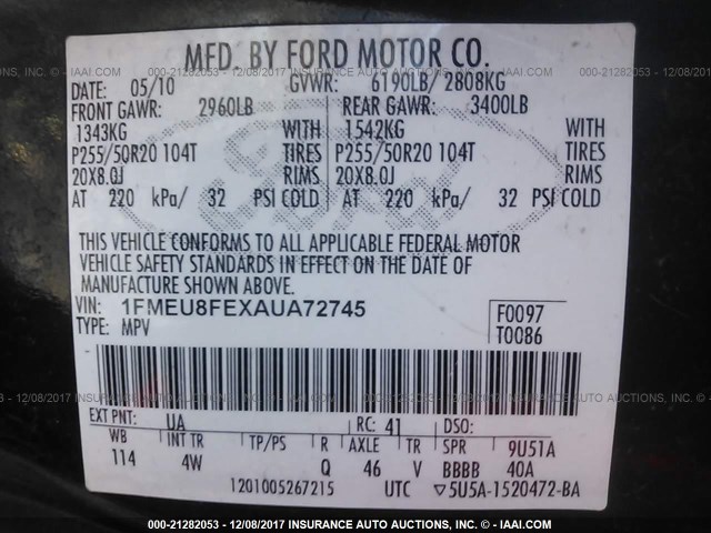 1FMEU8FEXAUA72745 - 2010 FORD EXPLORER LIMITED 黑色 照片 9