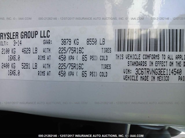 3C6TRVNG3EE114540 - 2014 RAM PROMASTER 1500 1500 STANDARD WHITE photo 9